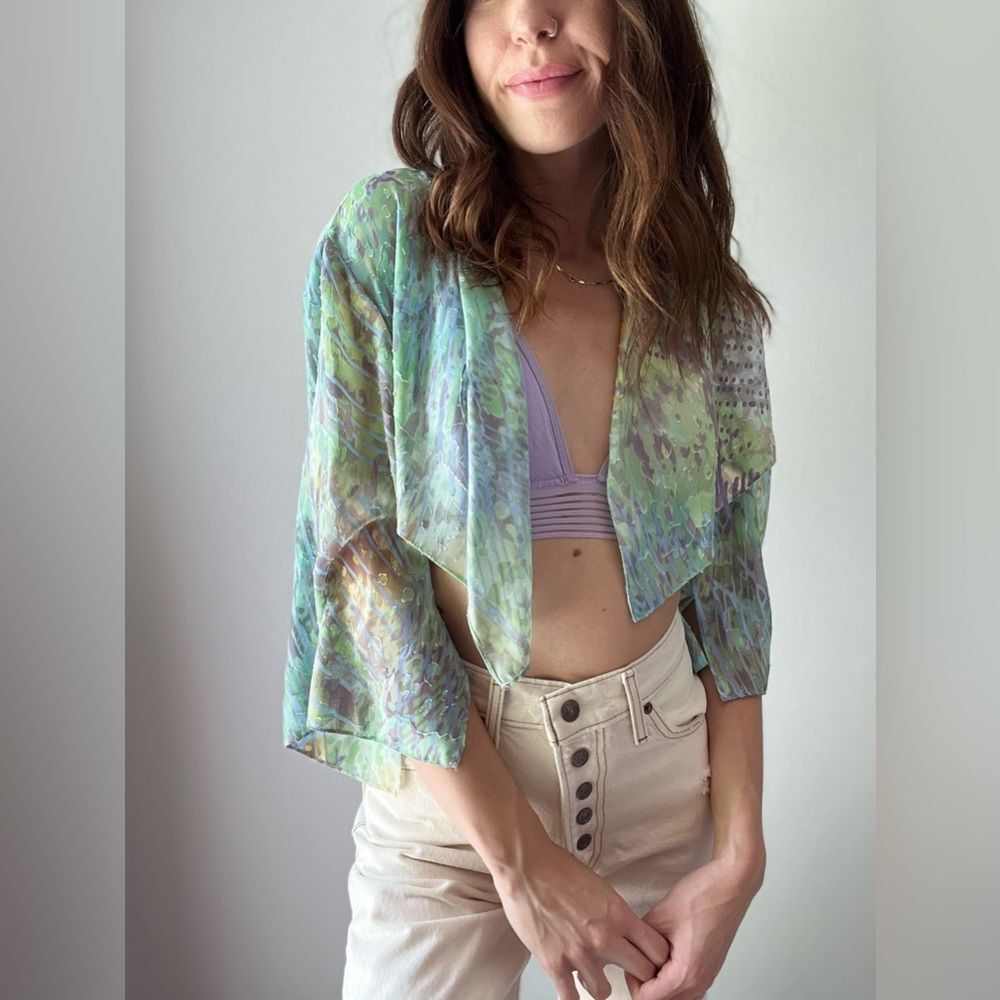 Vintage 90s Alex Evenings Petites Open Front Draped Multicolor Marbled Cardigan - Picture 10 of 11